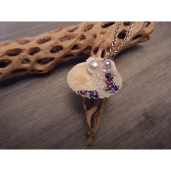 Mermaid Bubble Ariel Real Starfish faux jewels pearls seashell necklace ooak #86 - Picture 4 of 8